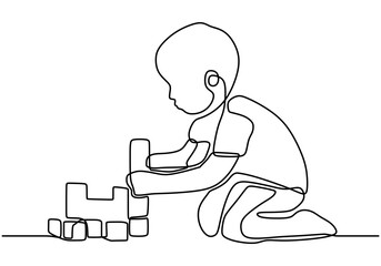 Continuous line of boy sitting and playing happily to plastic construction toy blocks. Playing blocks. Learn to arrange blocks. Vector illustration
