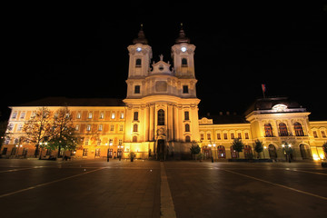 Fototapeta na wymiar Minorite Church in Eger by night, 18th-century Baroque church in old town of Eger, Hungary