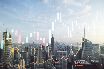Fototapeta na wymiar Multi exposure of virtual creative financial graph and world map on New York city skyline background, forex and investment concept