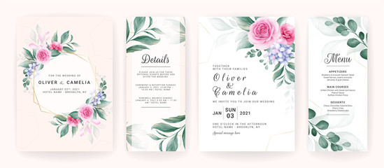 Wedding invitation card template set with watercolor floral decorations. Flowers arrangements for save the date, greeting, rsvp, thank you, poster. Botanic illustration vector
