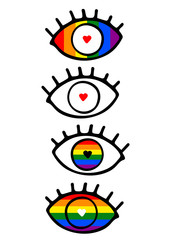 Hand-drawn postcard. Outline eye with eyelashes isolated on white background. Loving look with Hearts shaped eyes of a rainbow color. Symbol of love, romance, equality, LGBT, gays, lesbians, Valentine