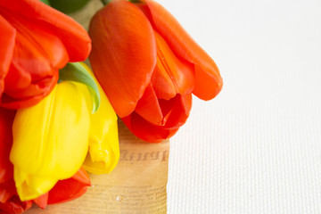 Bouquet of tulips on a white background in paper.copyspace for text. Spring holiday