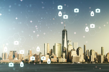Abstract virtual medical illustration on New York city skyline background. Medicine and healthcare concept. Multiexposure