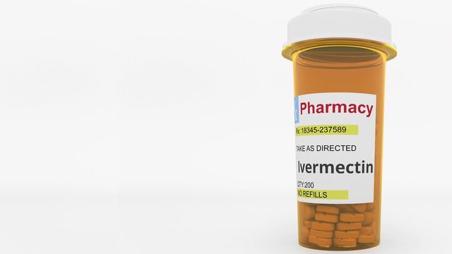 Prescription pharmacy vial with ivermectin generic drug pills as a possible COVID-19 disease treatment. 3D animation