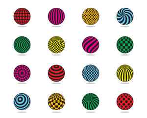 Color balls vector set. Striped ball, check, dots pattern. Flat design element for template