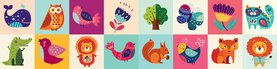 Colorful collection of funny baby animals owl, cat, bird, crocodile, lion, fox