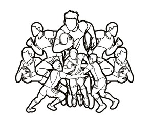 Fototapeta na wymiar Group of Rugby players action cartoon sport graphic vector.