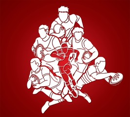 Group of Rugby players action cartoon sport graphic vector.