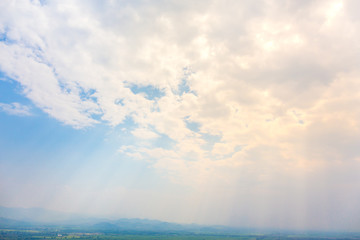 Abstract Natural bright sunlight sky background with light effect, Lens flare realistic illustration. Solar flash with golden rays during sunrise or sunset for backdrop design.