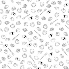 Seamless vector isolated texture of nigiri, sauces, sushi. Linear, minimalistic background. Sushi with avocado and salmon, rolls, wasabi, ginger.