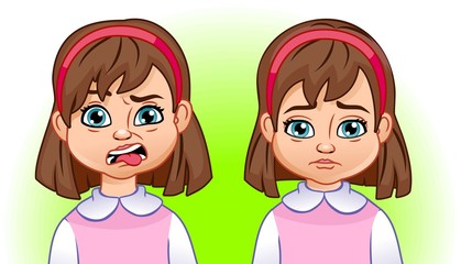 Emotions of a girl. Aversion, sadness. Cartoon, cute baby.