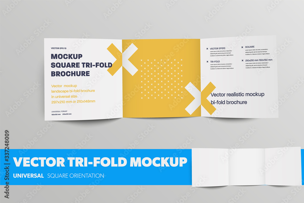 Poster template of open vector booklet, standard square tri-fold, with realistic shadows, isolated on backg