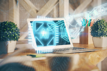 Double exposure of desktop with personal computer on background and tech theme drawing. Concept of Bigdata.