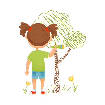 Little Girl Drawing Tree with Felt Pen on the Wall Vector Illustration