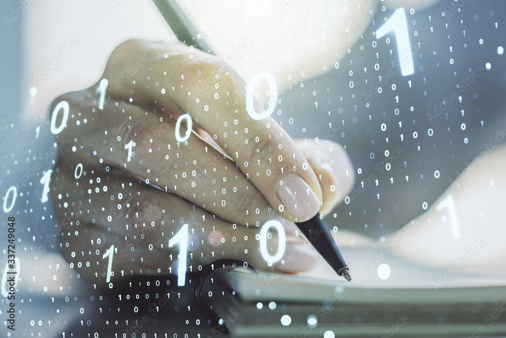 Poster creative abstract binary code hologram and woman hand writing in diary on background, ai and machine