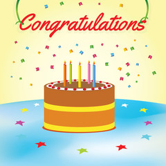 congratulations cake with burning candles colorful stars. vector illustration