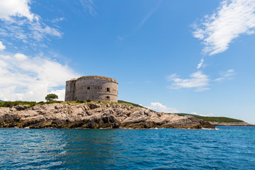 Fototapeta na wymiar Beautiful views from the sea to the Adriatic coast of the Bay of Kotor.