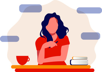 The girl works at the table at home. Remote work. Vector illustration showing a freelancer or remote employee.