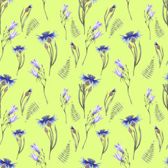 Fototapeta na wymiar Seamless watercolor pattern with the image of blue cornflowers and bluebells, green leaves on a green background. The illustration is drawn in watercolor by hand. Design for textile, invitation
