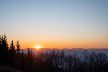 sunrise in the mountains with trees in the foreground