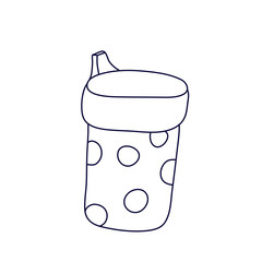 Sippy cup decorated with polka dots in doodle style.  Drinking cup for toddlers. Isolated outline. Hand drawn vector illustration in black ink on white background. Baby care and feeding theme.