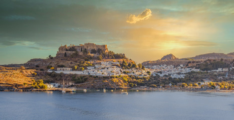 LINDOS,RHODES/GREECE OCTOBER 29 2018 : Lindos village and Lindos bay,photo taken from Kleovoulos...