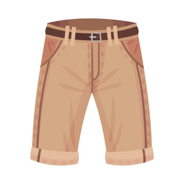 Light Brown Shorts or Knee Breeches with Side Pockets and Belt as Male Clothing Item Vector Illustration