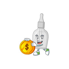 Bottle with pipette rich cartoon character have big gold coin
