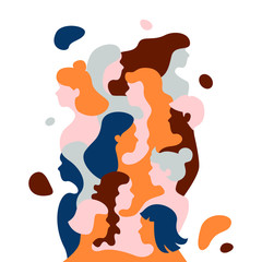 Vector illustration.
Image of different women, with different skin colors, with different hair, with different shapes. Tolerance, equality, feminism, self-acceptance.