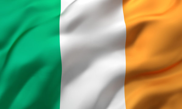 Flag of Ireland blowing in the wind. Full page Irish flying flag. 3D illustration.