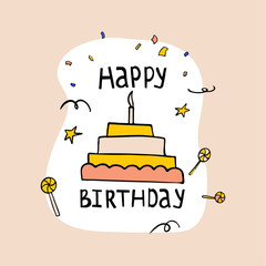 Happy birthday invitation card template. Hand drawn lettering and cake with a birthday candle