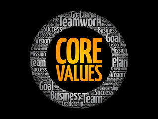Fototapeta na wymiar Core values circle word cloud collage, business concept background