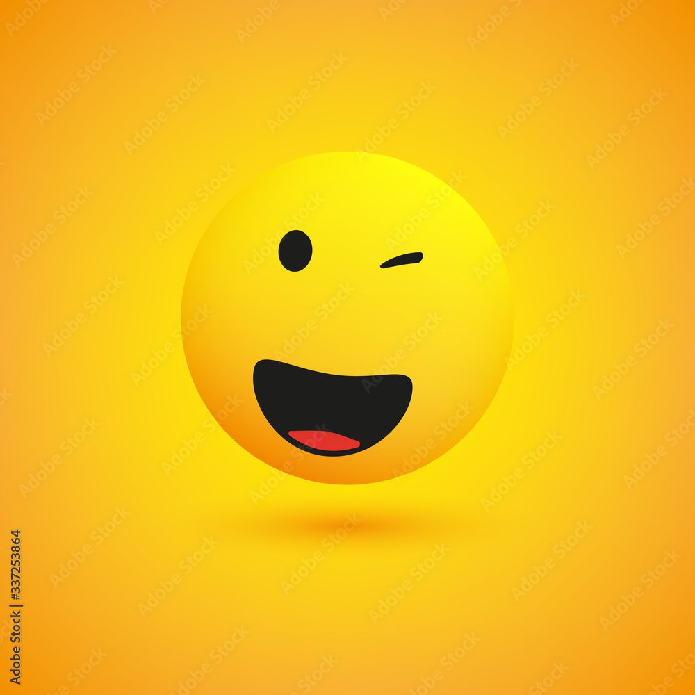 Poster smiling and winking simple shiny happy emoticon on yellow background - vector design