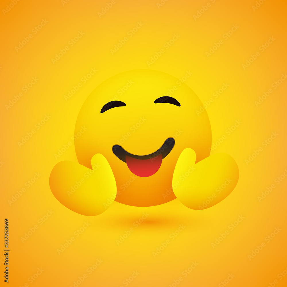 Poster hugging face - emoticon on yellow background - vector design