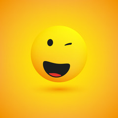 Smiling and Winking Simple Shiny Happy Emoticon on Yellow Background - Vector Design