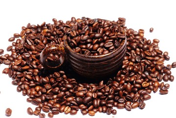 Wooden  cup and coffee  bean on  isolate white background  , selective focus .