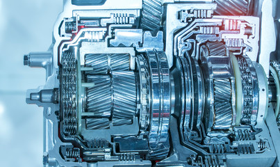 Metallic background of car automotive transmission gearbox