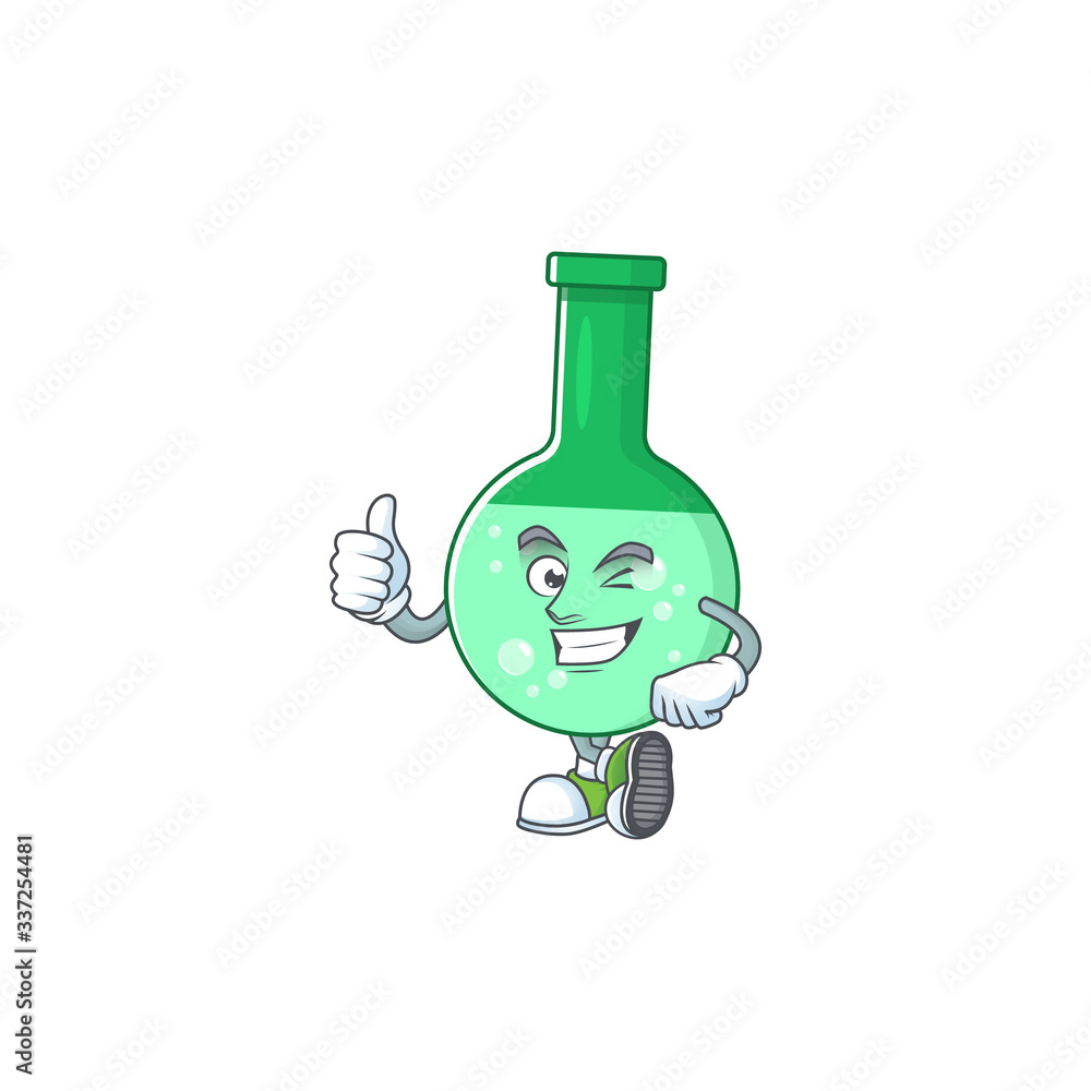 Wall mural mascot design style of green chemical bottle showing thumbs up finger