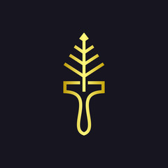 Paint Brush Leaf Logo Design. Eco Artistic Nature. Gold Canvas and Environment Growth Graphic Icon. 
