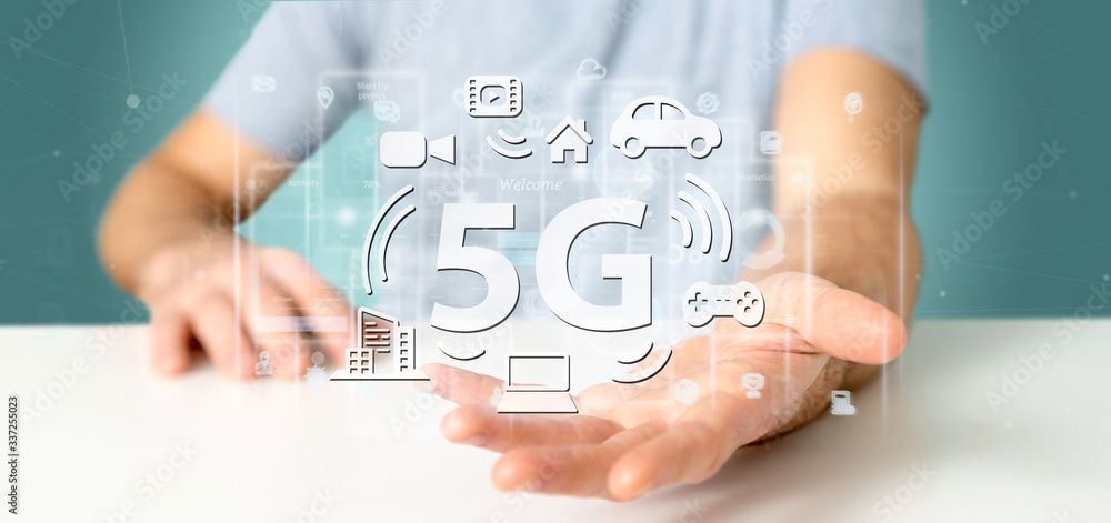 Poster businessman holding a 5g connection with data surrounding - 3d rendering