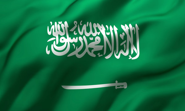 Flag of Saudi Arabia blowing in the wind. Full page Saudi Arabian flying flag. 3D illustration.