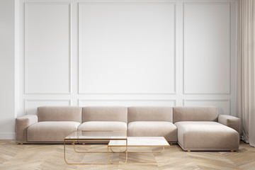 Modern minimalism white interior with couch, sofa and coffee tables. 3d render illustration mock up.