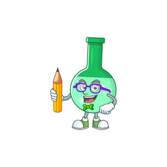 Green chemical bottle student cartoon character studying with pencil