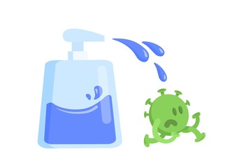 Green virus character scared of spraying wash gel. Fight coronavirus with health care. Hygiene, COVID-19 world outbreak. Funny colorful flat vector illustration, isolated on white background.