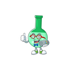 Green chemical bottle talented gamer mascot design play game with controller