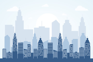 Fototapeta premium Illustration design of modern city. Blue tone building and clounds. Cityscape background 