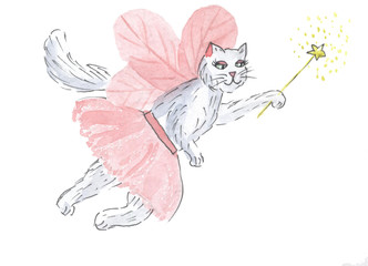 Cat fairy magic watercolor hand drawn illustration  on white background