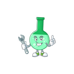 A mechanic green chemical bottle mascot character fix a broken machine