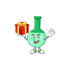 Charming green chemical bottle mascot design has a red box of gift
