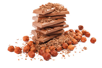 Chocolate tiles and nuts on white background
